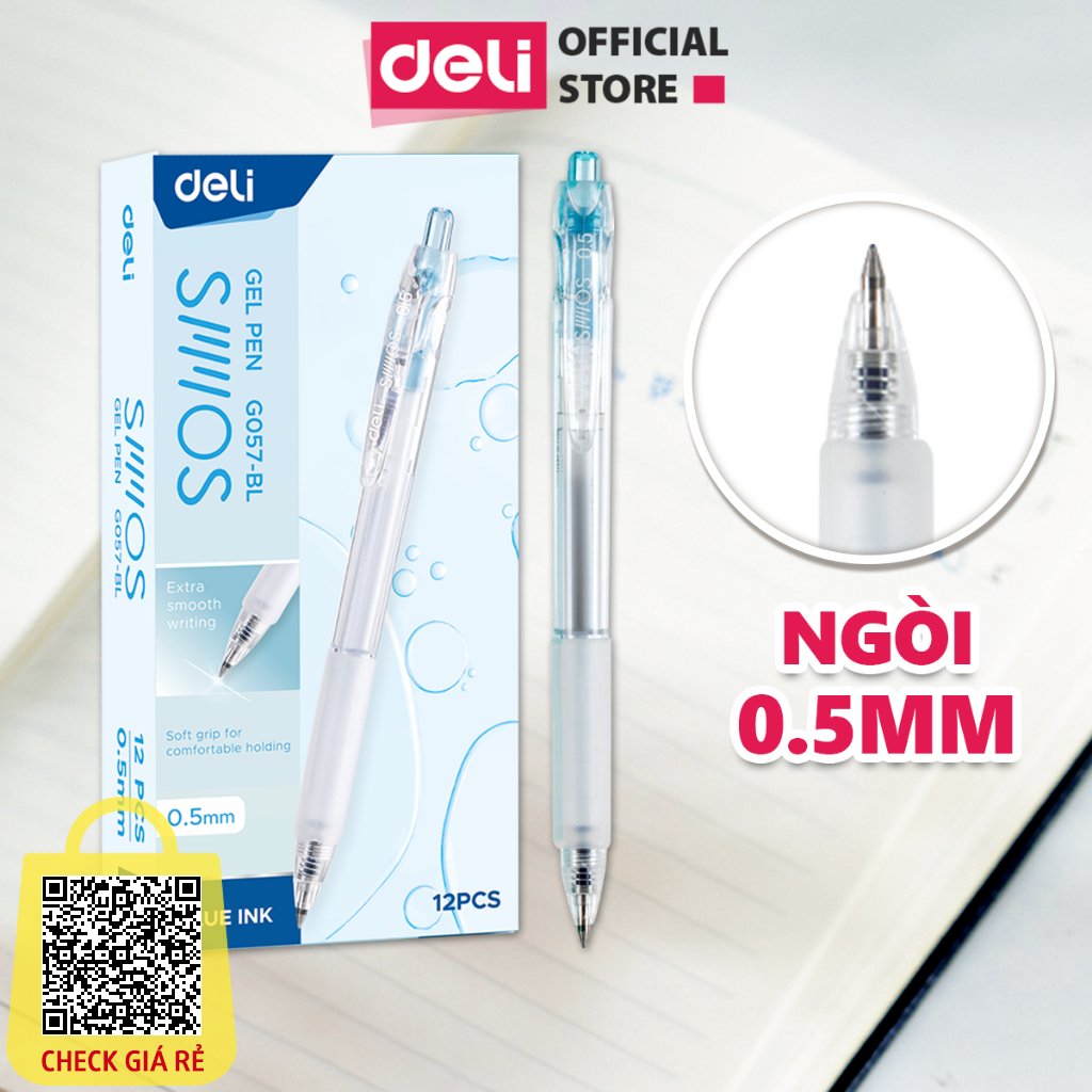 Bút gel bút bi nước mực xanh ngòi 0.5mm Deli - Bút bi bấm mực gel trơn tru viết sổ caligraphy dành cho văn phòng học sinh