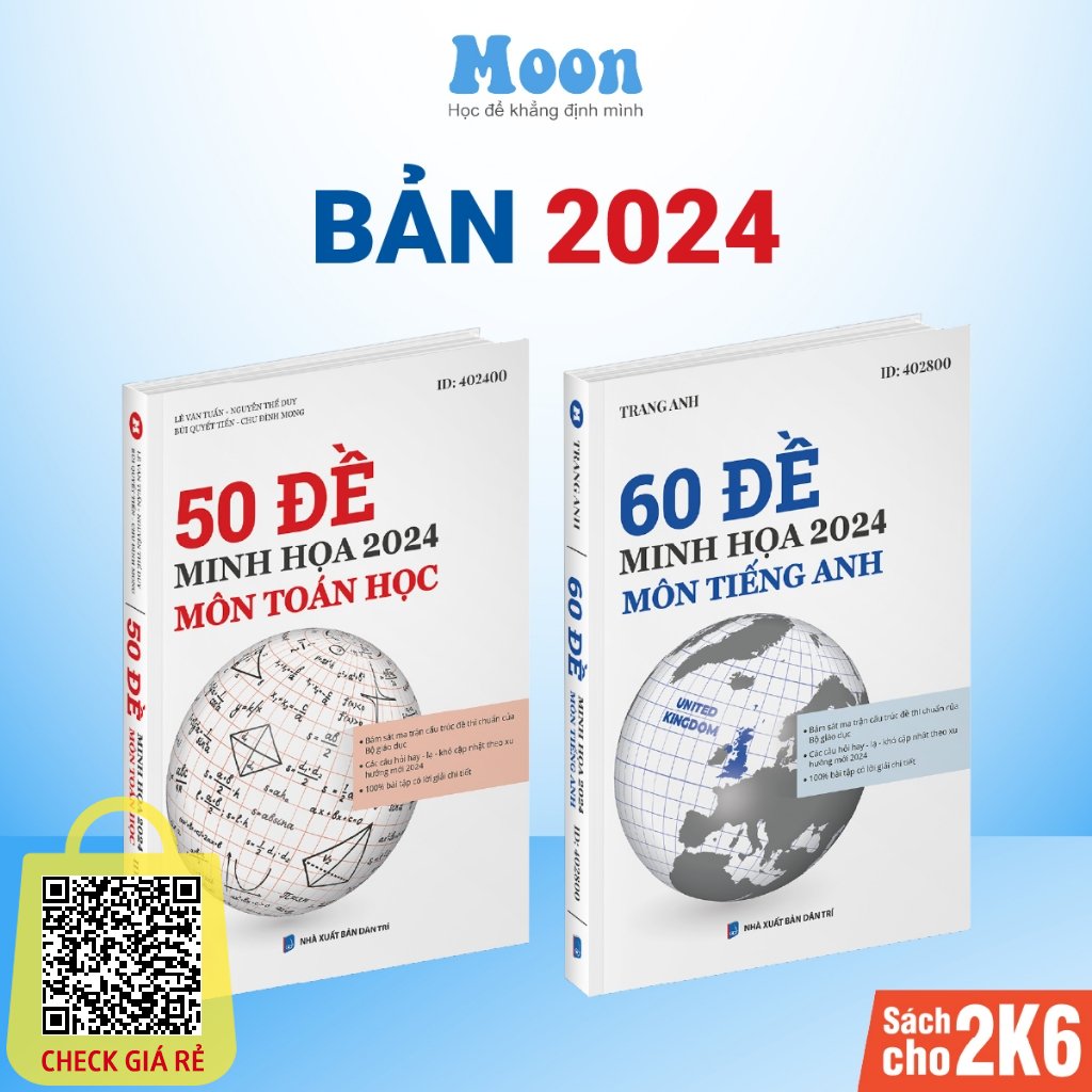 Combo 2 sách luyện đề thpt quốc gia môn toán và tiếng anh, bộ đề minh hoạ trắc nghiệm 2024 moonbook