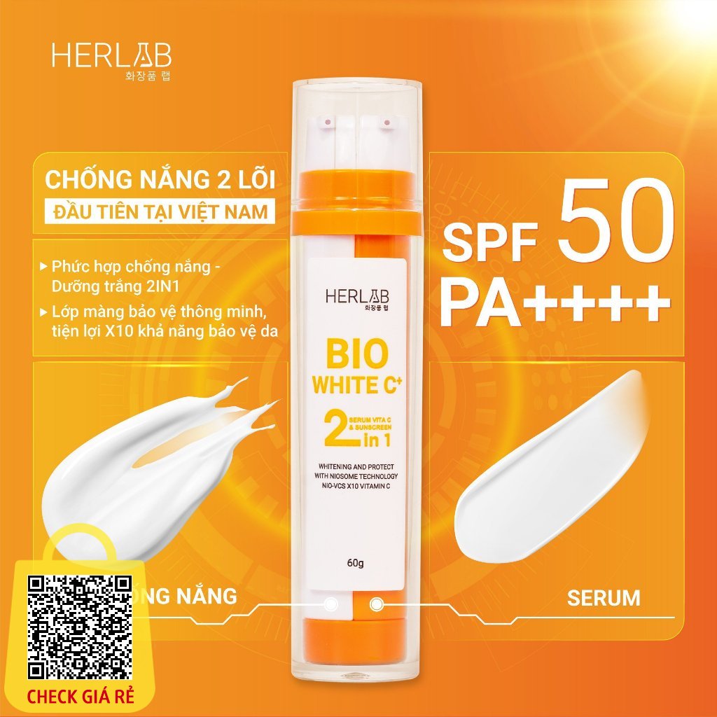 Combo 2 sản phẩm Chống nắng 2 lõi 8 màng lọc Herlab Bio White C+ Chống nắng phổ rộng & Serum trắng da Vitamin C