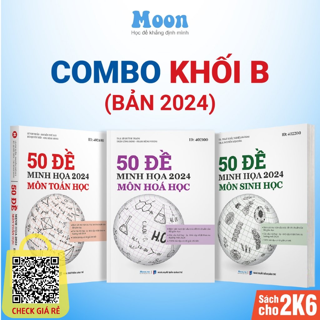 Combo 3 sách Bộ đề minh họa Khối B ôn luyện thi THPTQG 2024 Môn Toán -Hóa - Sinh Moonbook - Sách ID