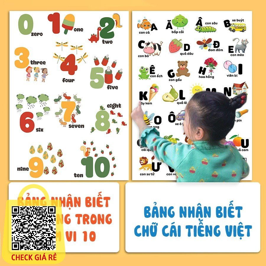 Decal bảng chữ cái Tiếng Việt - bảng số lượng dán tường có hình ảnh minh họa ngộ nghĩnh kích thước 40x60cm