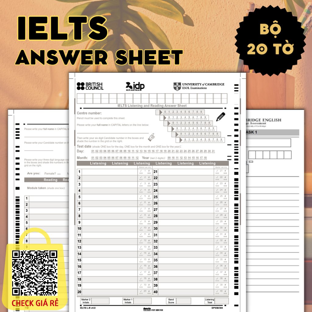 Phiếu trả lời bài thi IELTS answer-sheet bản chuẩn, Listening, Writing, Reading - Phiếu làm bài Giấy thi