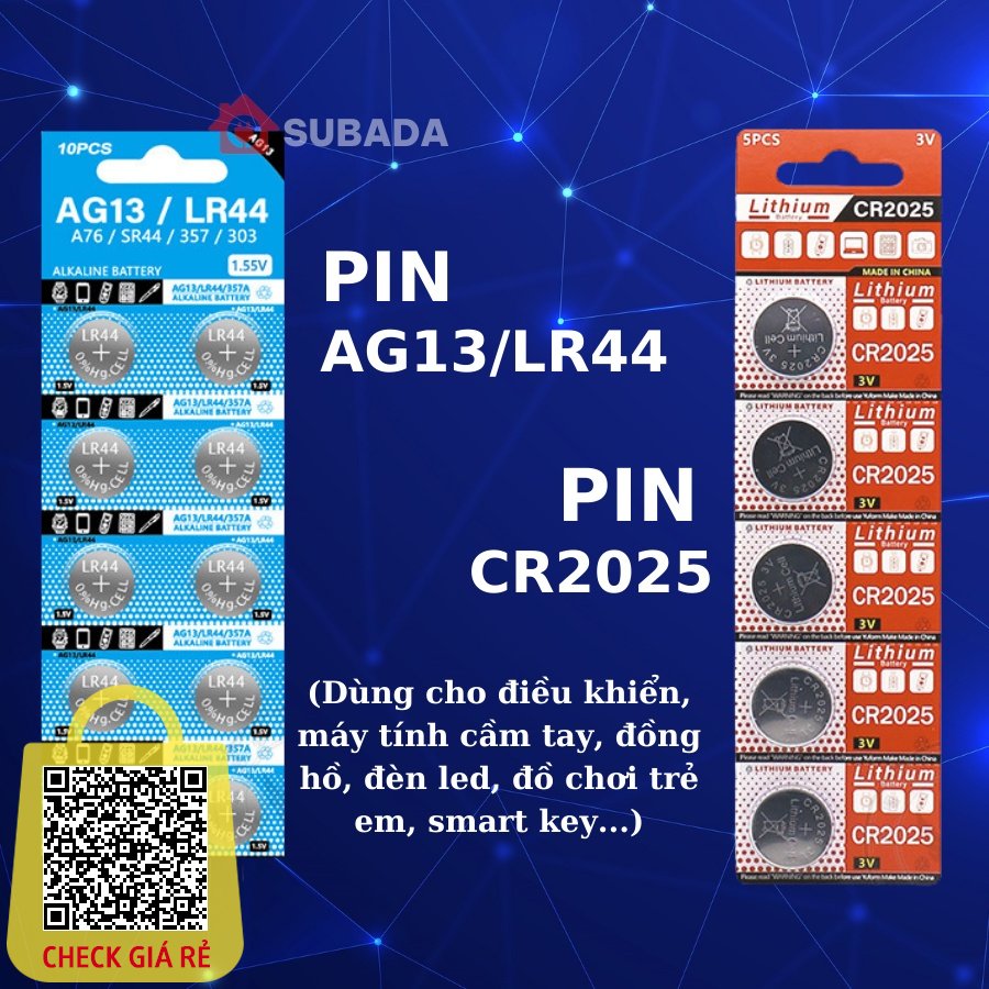 Pin LR44 AG13 CR2025 pin cúc áo dùng cho pin máy tính casio đồng hồ điều khiển và đồ chơi SuBaDa vỉ 10 viên PIN
