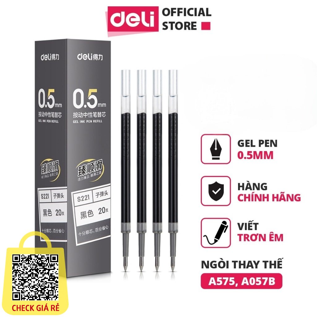 Ruột bút gel đen Deli S221 ngòi 0 - 5mm viết êm - trơn tru - mực cao cấp - nhanh khô dùng thay thế cho Bút A575