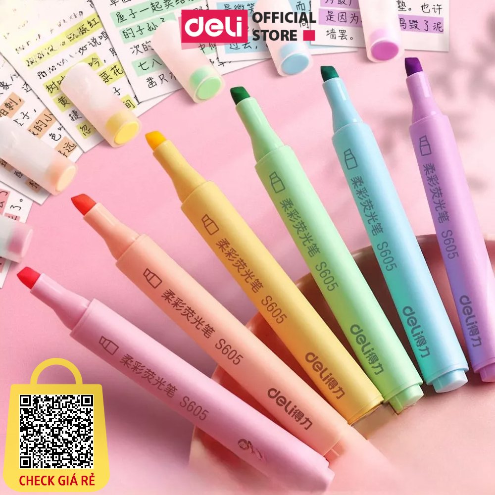 Set 6 bút highlight đánh dấu dòng dạ quang Deli màu pastel tươi sáng - bút ghi nhớ tiện lợi cho học sinh văn phòng
