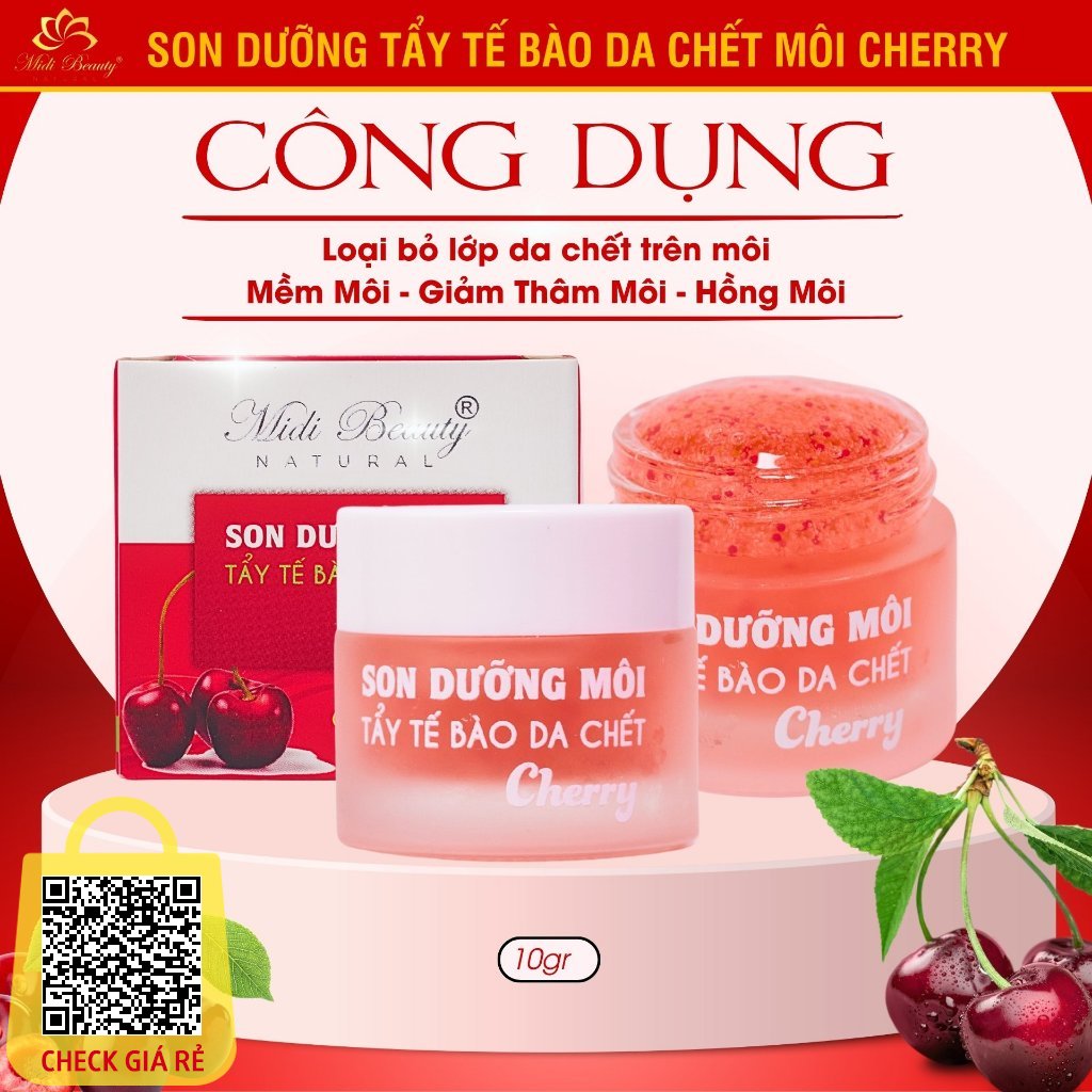 Son Duong Tay Da Chet Moi CHERRY 10G Midi Beauty: Loai bo da chet tren moi - mo tham moi va hong moi