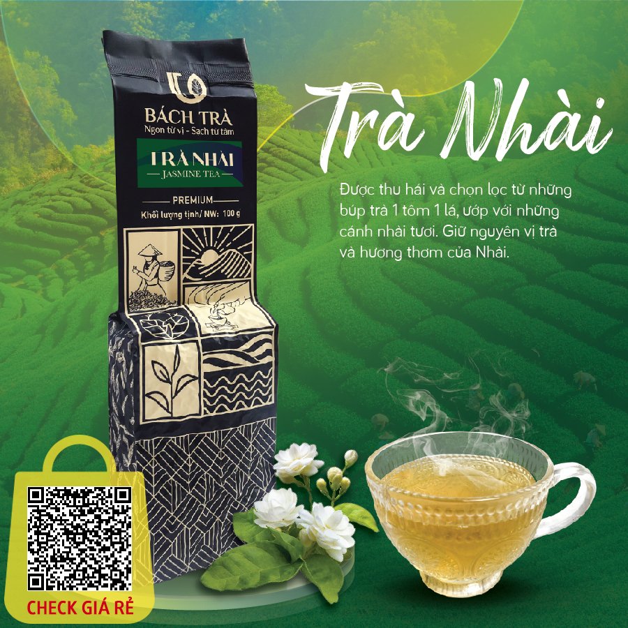 Trà Nhài Hảo hạng Bách Trà búp trà xanh Thái Nguyên nõn tôm ướp hoa nhài tự nhiên đóng gói túi hút chân không 100g