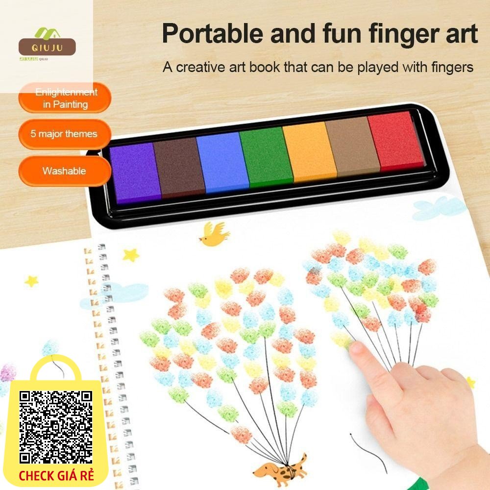 Tranh vẽ ngón tay QIUJU - 5 chủ đề có tem mực Sách vân tay - Sách nghệ thuật trẻ em chất lượng cao ràng buộc đồ chơi Montessori Sách minh họa