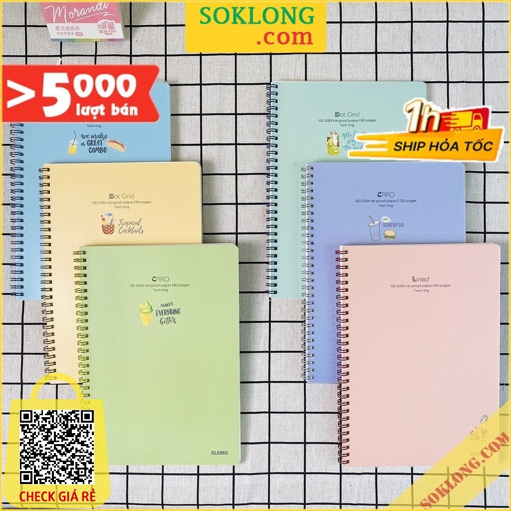 Vở B5 Klong bìa nhựa Caro/ Kẻ ngang/ Dot 80-200 trang tùy chọn Sổ Klong bìa Pastel dễ thương