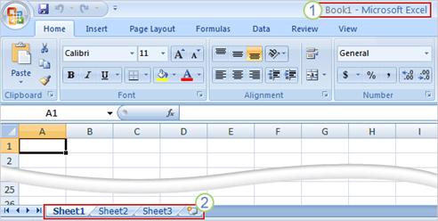 Excel worksheet, with Book 1 in title bar at top of worksheet, and sheet tabs at bottom of worksheet